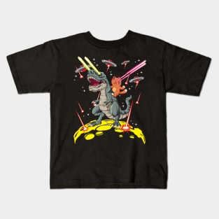 Space Cat Riding T-Rex Laser Eyes Kids T-Shirt